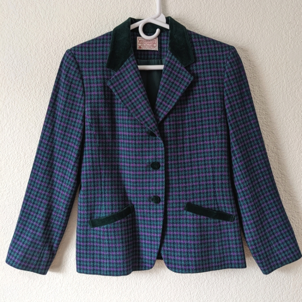 Vintage Pendleton Wool Blazer - Women's Petite Medium - Green/Purple Houndstooth